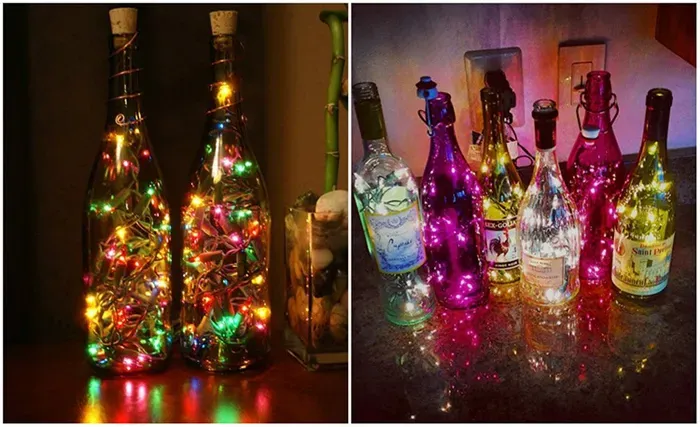 Стеклянные бутылки сияют не хуже покупных фонарей, если их заполнить светодиодными гирляндами.