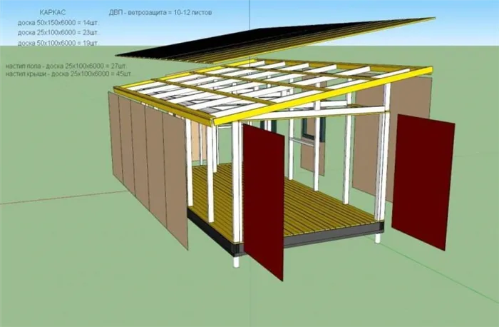 Схема конструкции сарая с односкатной крышей