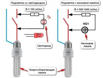 Схемы выключателей с светодиодом и неоновой лампой