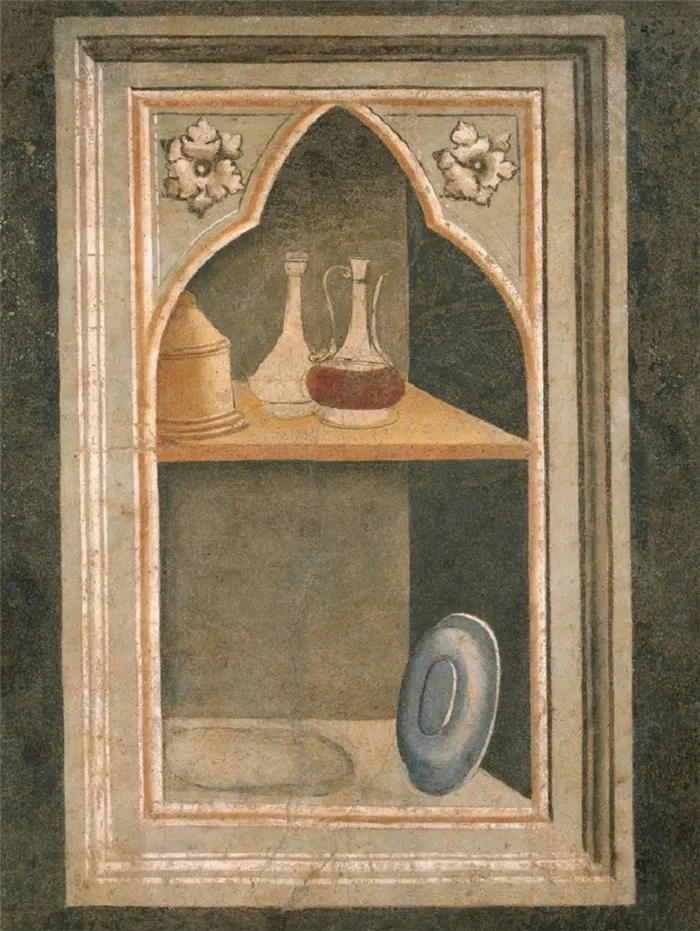 Готика в живописи. Таддео Гадди. «Ниша с дарохранительницей, дискосом и бутылками», 1337-1338 гг., фреска, Флоренция, Санта-Кроче