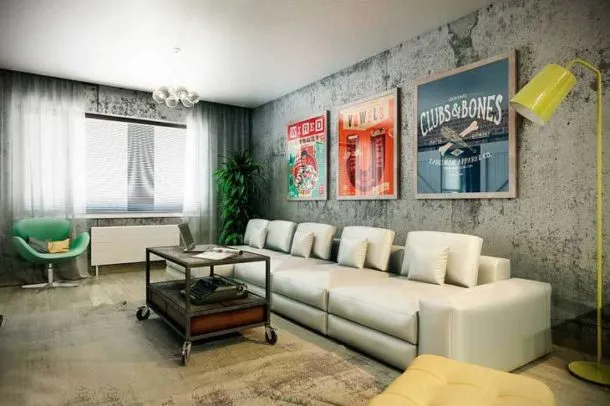 Размещение постеров над диваном в гостиной в стиле лофт