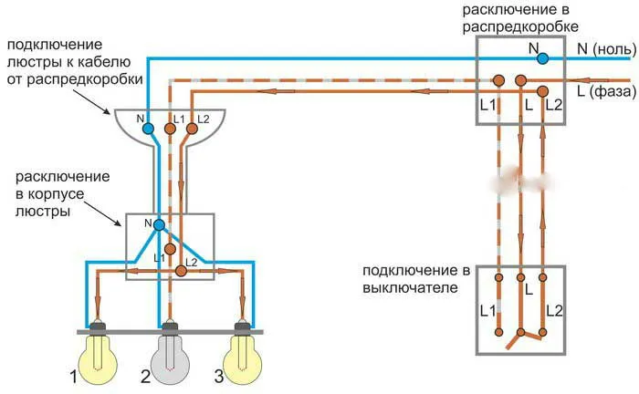 Схема двойного подключения на 6 лампочек