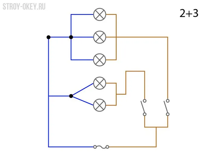 Схема подключения пятирожковой люстры к двухклавишному выключателю