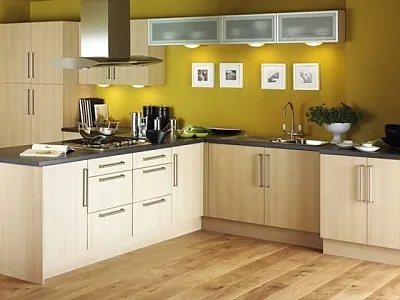 однотонные обои желтого цвета на кухне