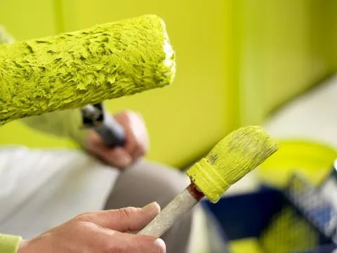 На фото — инструменты для покраски: кисть для углов и валик для плоскостей стен