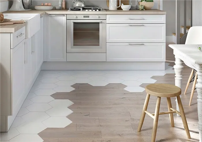 ламинат и плитка на кухонном полу
