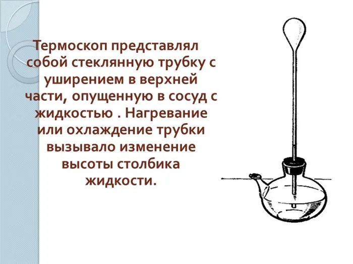 Термоскоп представлял собой стеклянную трубку с уширением в верхней части, о.