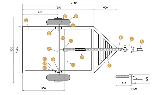 Чертеж прицепа. Вид снизу