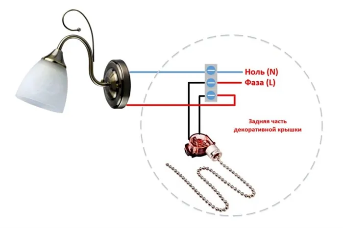Схема подключения бра выключателем-веревочкой