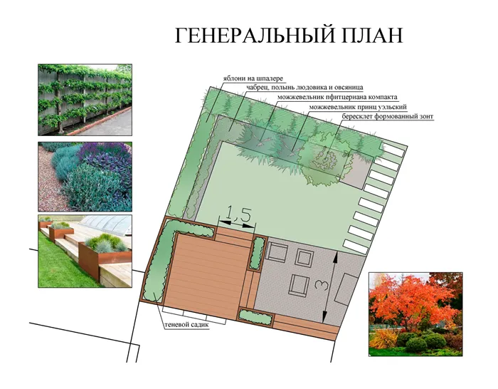 Площадь этой зоны отдыха всего 0,7 сотки, но благодаря грамотному размещению удалось уместить большую террасу, зону барбекю, широкую лестницу, декоративные кустарники и даже яблоню