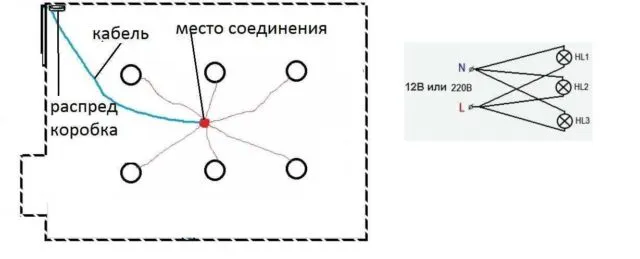 Пример исполнения лучевого подключения точечных светильников