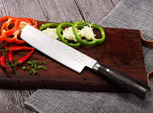 Hecef Upgraded Culinary Nakiri Knife, High Carbon Stainless Steel Hammered Finished Blade with Pakkawood Handle, Japanese Cooking Knife, 7 inch